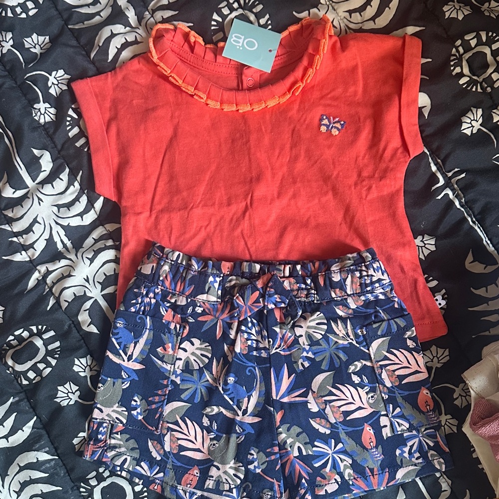 Red Top and Blue Floral Shorts Set